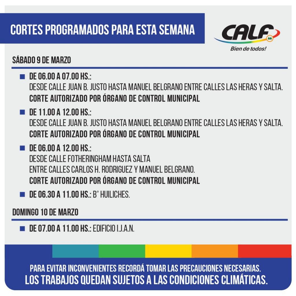 CALF: Hay cortes programados para este fin de semana